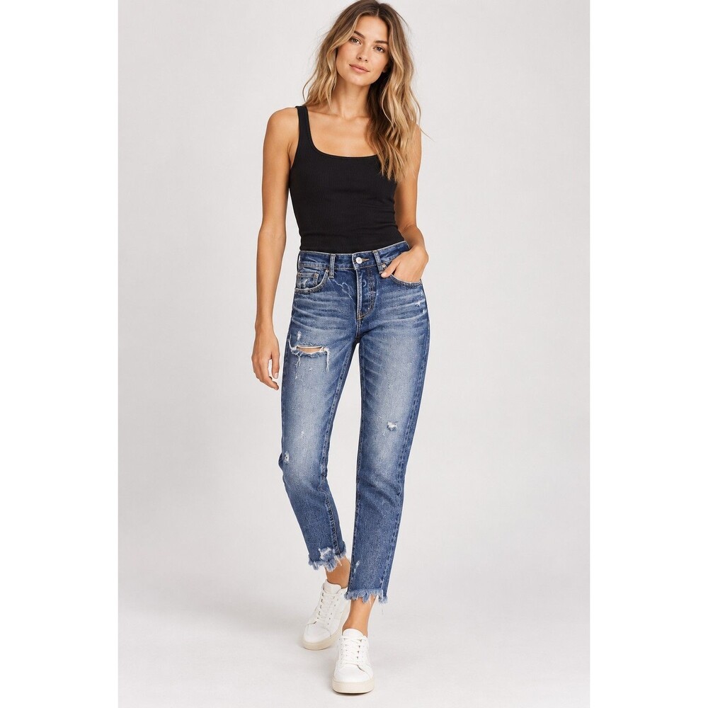 MOUSSY Vintage Kelley Tapered Jeans Size 24 Dark Blue Distressed Raw Hem Japan